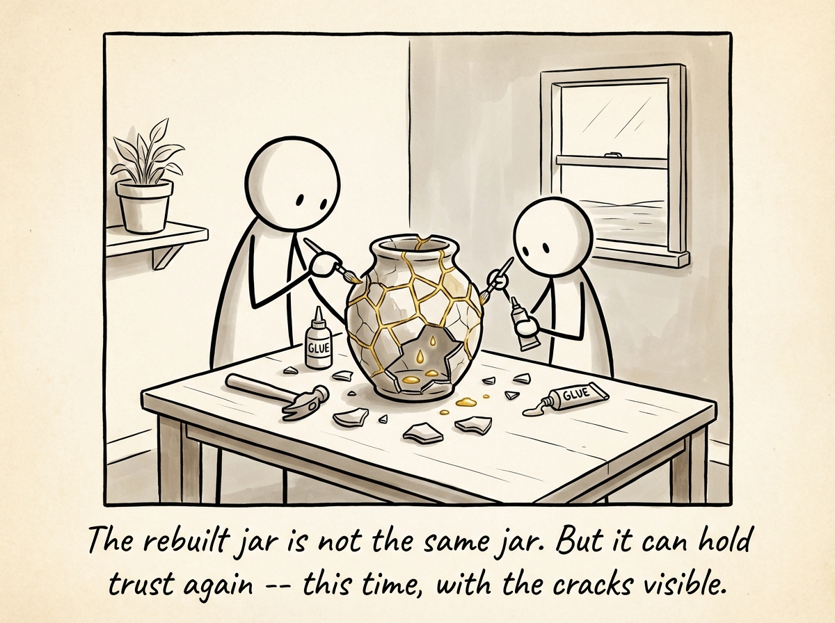 Both figures carefully gluing the jar back together, piece by piece. The rebuilt jar has visible gold seams where the cracks were -- imperfect but whole. A few new drops sit at the bottom. It is a beginning