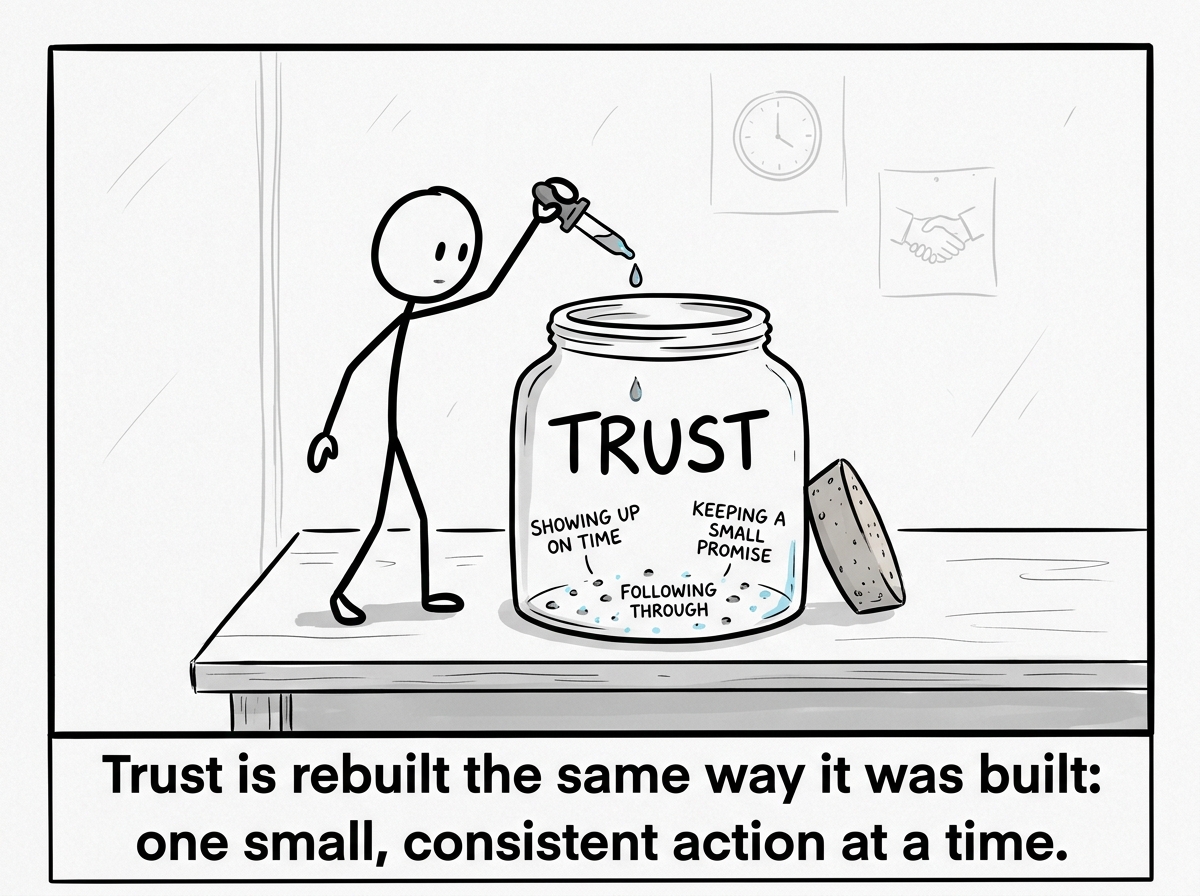A stick figure adding a single small drop to a trust jar: showing up on time, keeping a small promise, following through