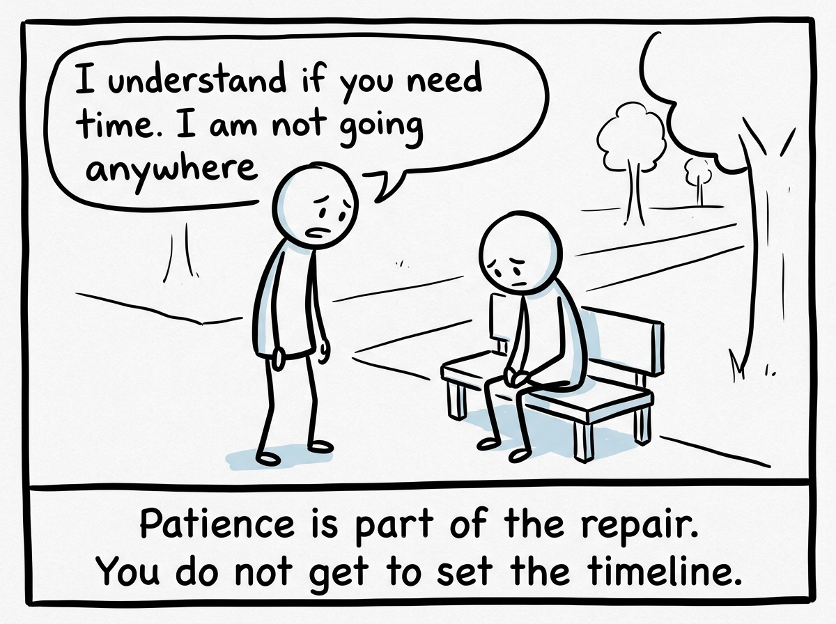 The figure who broke trust saying 'I understand if you need time. I am not going anywhere' without rushing or pressuring