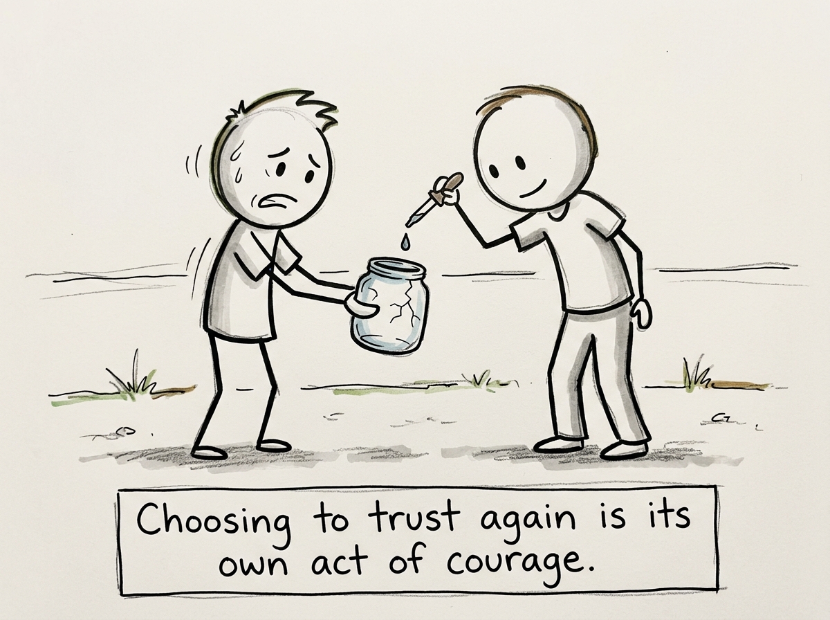 The hurt figure cautiously holding out the jar again, still cracked, while the other adds a drop carefully and gently