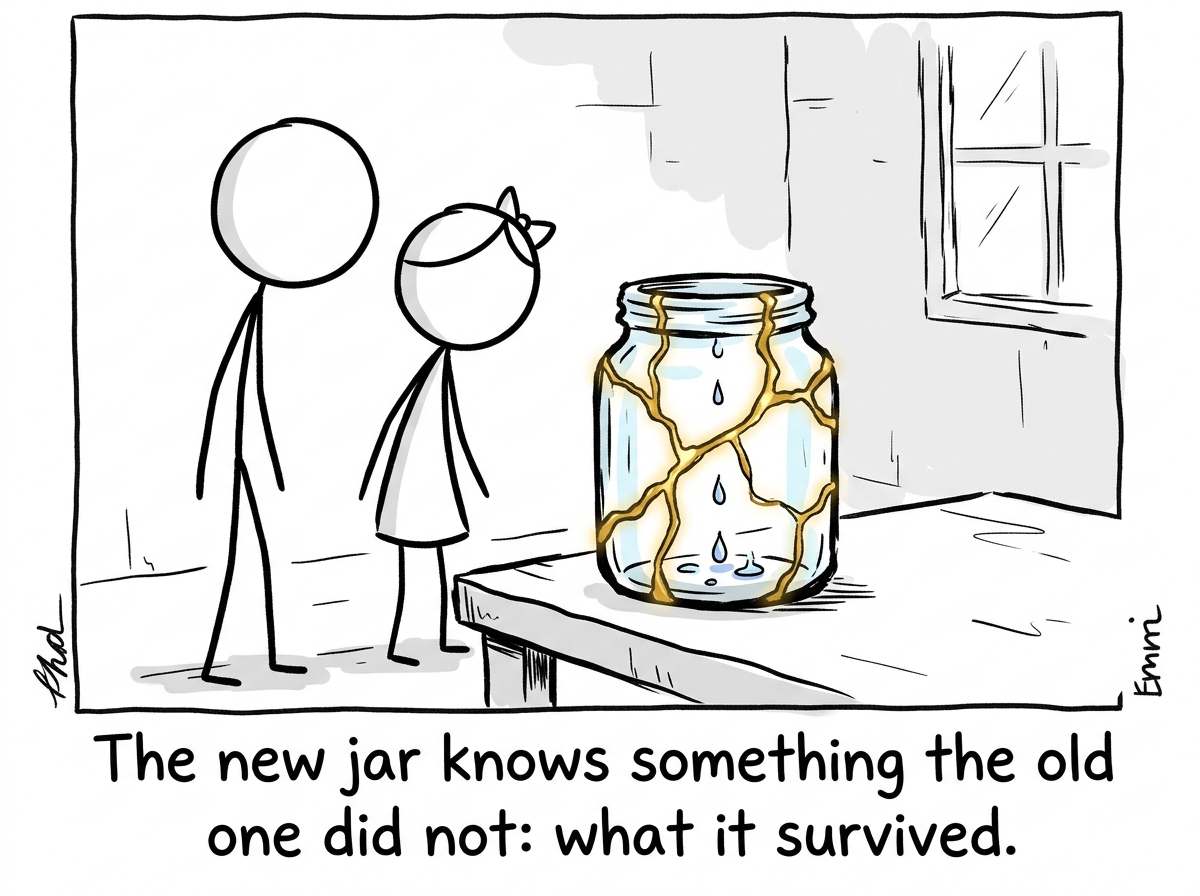 Both figures looking at a jar with golden seams, new drops gathering at the bottom, imperfect but holding