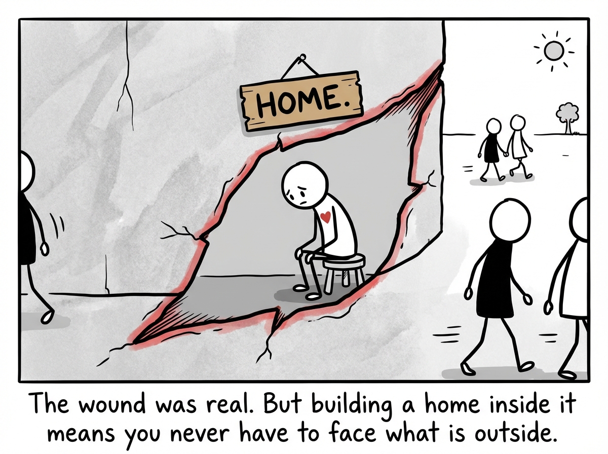 A stick figure sitting inside a wound like it is a house -- furnished, comfortable, with a sign that says 'Home.' Outside the wound, life is happening but the figure refuses to leave