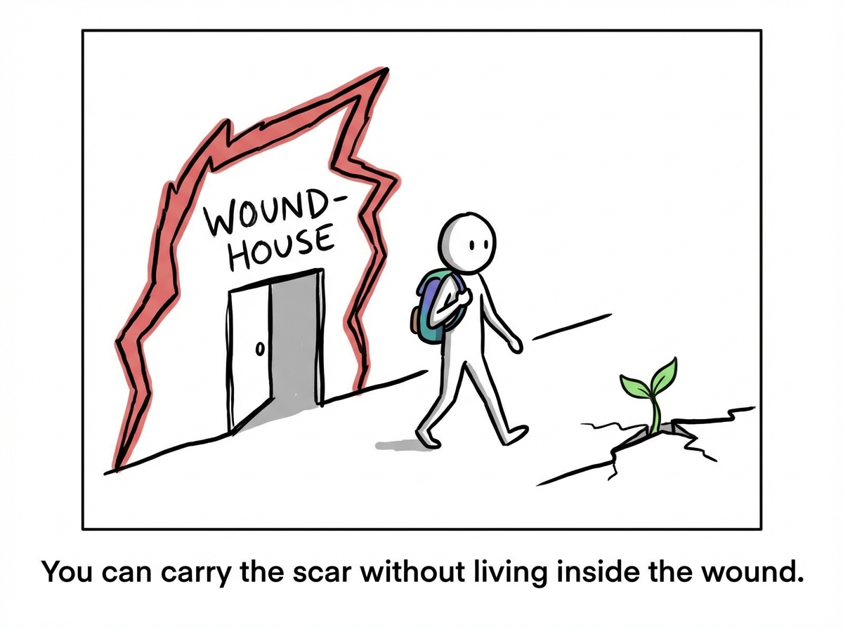 A stick figure stepping out of the wound-house, not denying it exists, but choosing not to live there anymore. The wound is behind them, visible but smaller. They face forward