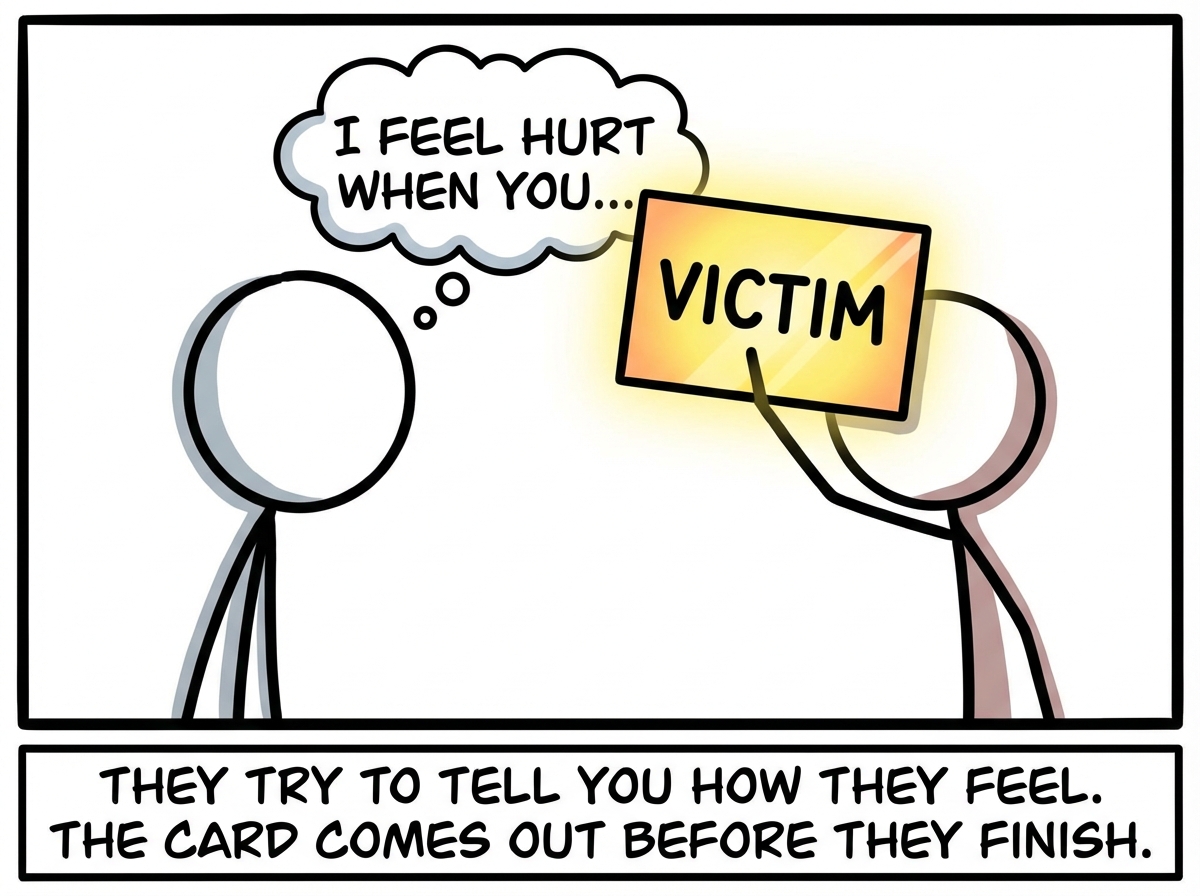 A stick figure in a disagreement with a partner. The partner says 'I feel hurt when you...' The figure immediately pulls out a glowing card labeled 'VICTIM' and holds it up like a shield. The conversation stops