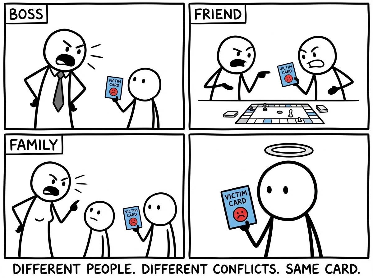 A montage of the stick figure in different conflicts -- with a boss, a friend, a family member. In every scene, the victim card is out. The other person is always the villain. The figure is always innocent. Every. Single. Time