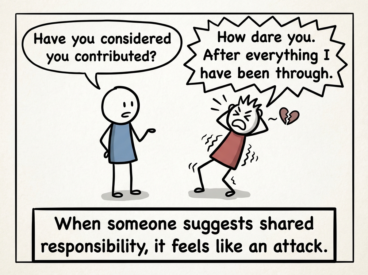 A friend gently says 'Have you considered that maybe you contributed to this situation?' The stick figure recoils as if physically struck, clutching the victim card tighter: 'How dare you. After everything I have been through'