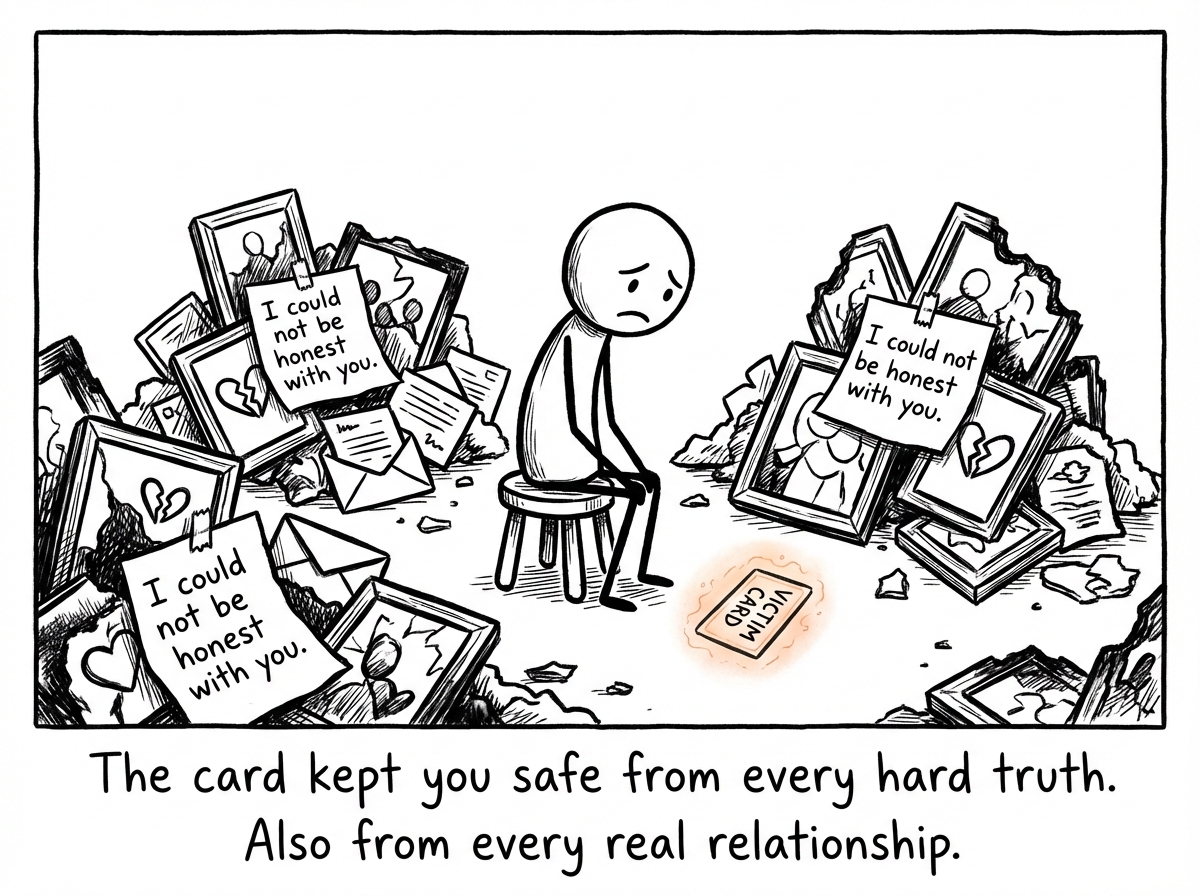 The stick figure sits alone, surrounded by burned relationships. Each person left a note: 'I could not be honest with you.' The victim card sits in the figure's lap, still glowing. They are protected from accountability. They are also completely alone