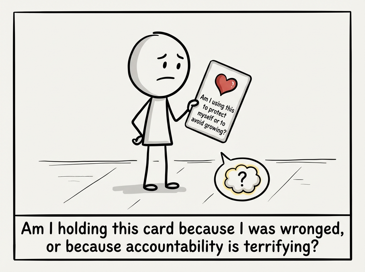 A stick figure looking at the victim card in their hand and asking 'Am I using this to protect myself or to avoid growing?' The question hangs uncomfortably in the air