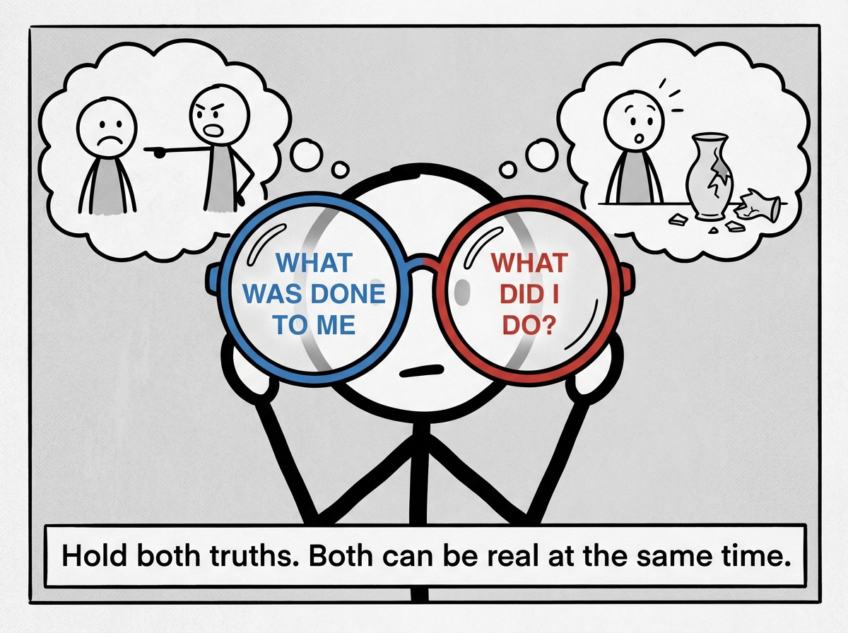 A stick figure looking at a past conflict through both lenses -- 'What was done to me' AND 'What did I do?' Holding both at the same time. It is uncomfortable but more complete