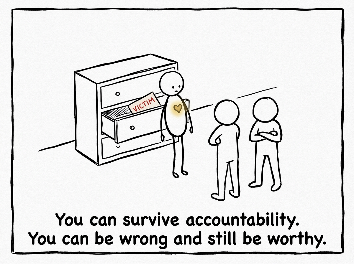 A stick figure with the victim card in a drawer, not thrown away but no longer the default. They stand in a conflict without it, looking vulnerable but present. A label reads 'Accountable and still standing'