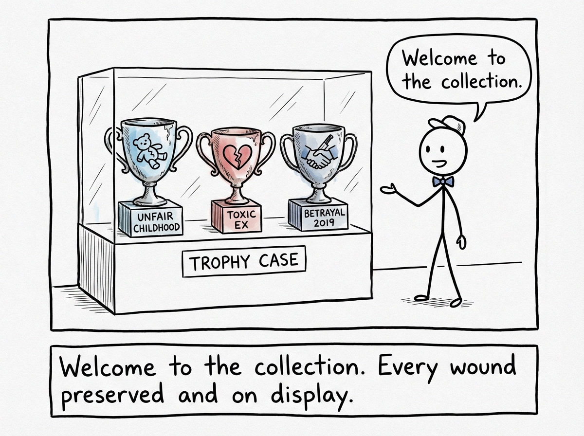 A stick figure standing proudly next to a glass trophy case filled with labeled trophies: 'Unfair Childhood,' 'Toxic Ex,' 'Betrayal 2019,' 'Job Loss.' Each one is polished and spotlit. The figure gestures at the case like a museum guide