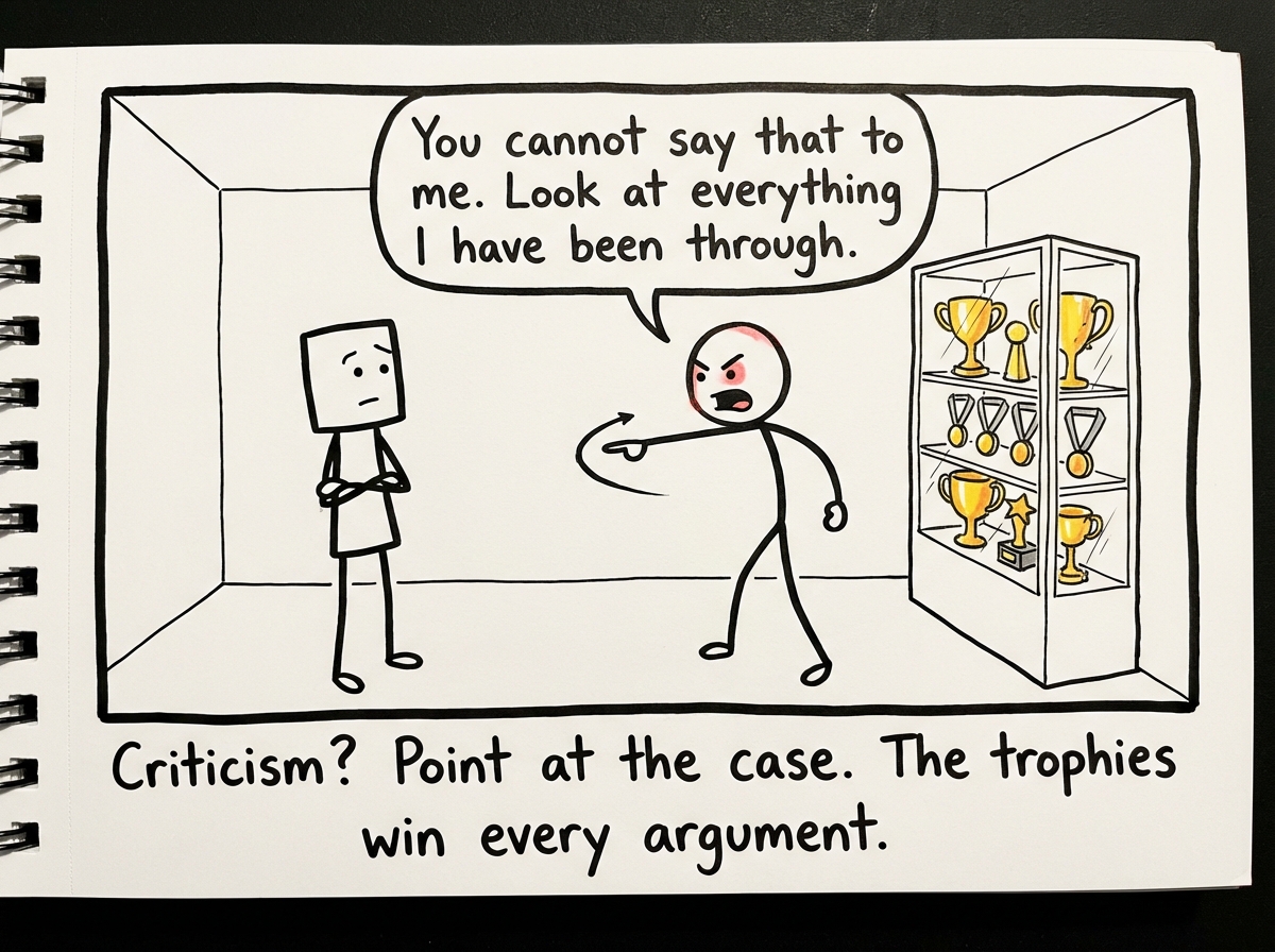 Someone tries to give the figure constructive feedback. The figure immediately points at the trophy case: 'You cannot say that to me. Look at everything I have been through.' The feedback evaporates. The other person looks guilty
