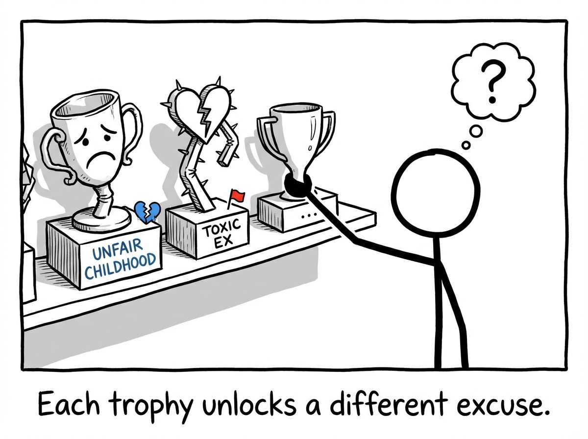 The figure uses different trophies for different situations: 'Unfair Childhood' for why they do not have to try, 'Toxic Ex' for why they cannot trust anyone, 'Betrayal' for why they are allowed to be cruel. Each trophy is a skeleton key that unlocks any excuse
