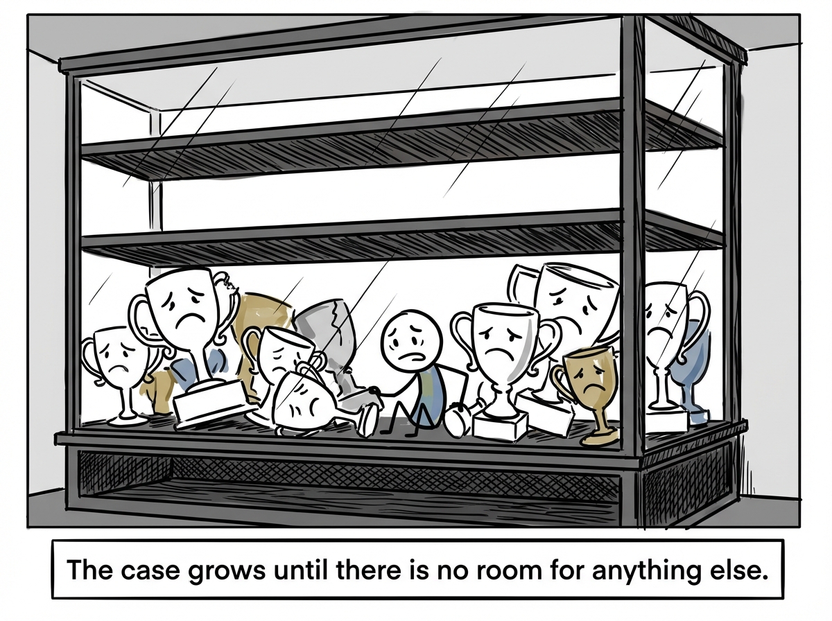The trophy case is now enormous, taking up the entire room. The figure is trapped inside it, surrounded by their curated suffering. There is no space left for anything else -- no relationships, no growth, no future. Just trophies