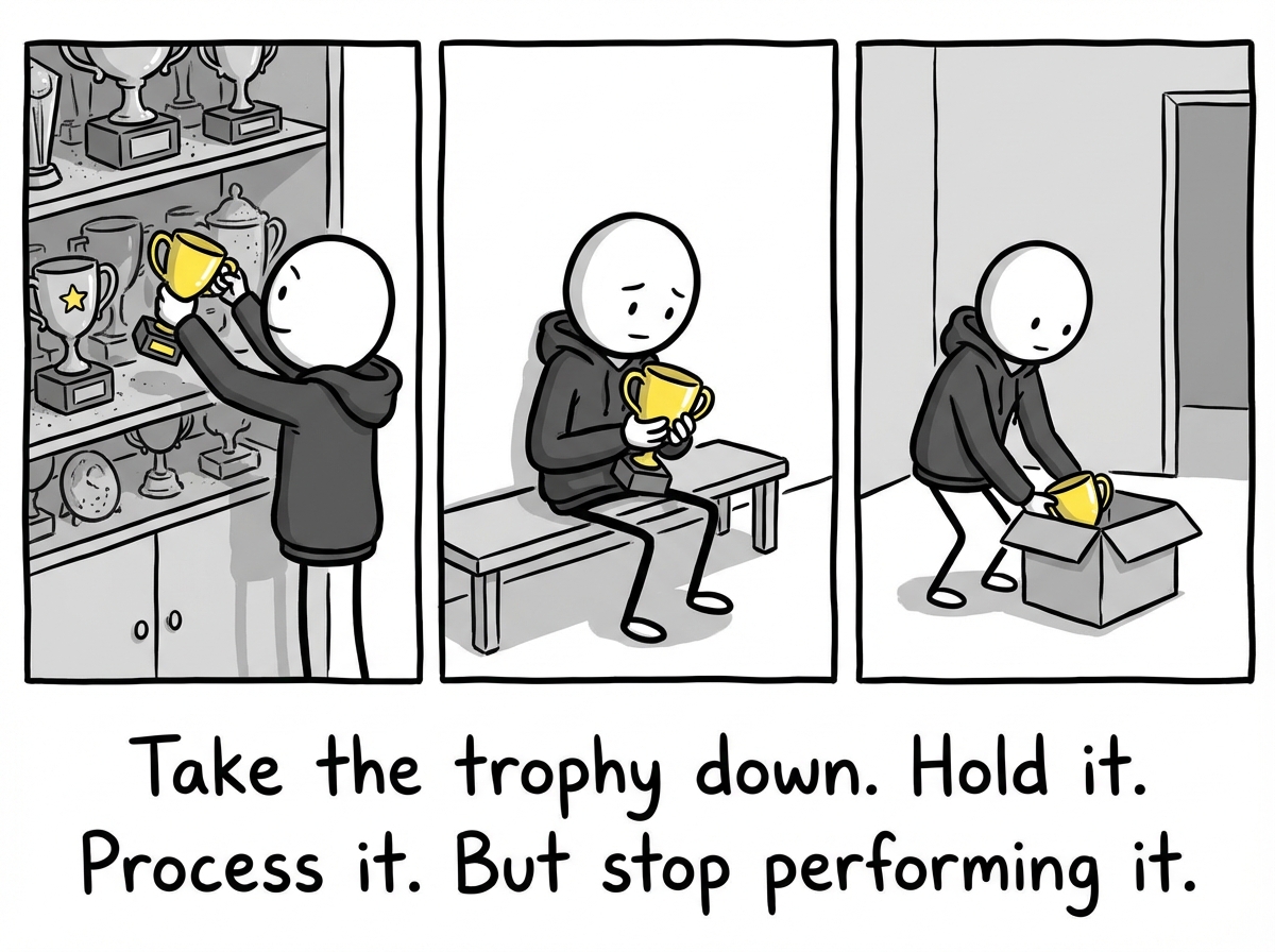 A stick figure gently taking one trophy off the shelf and holding it -- not displaying it, just holding it. Processing it privately instead of performing it publicly