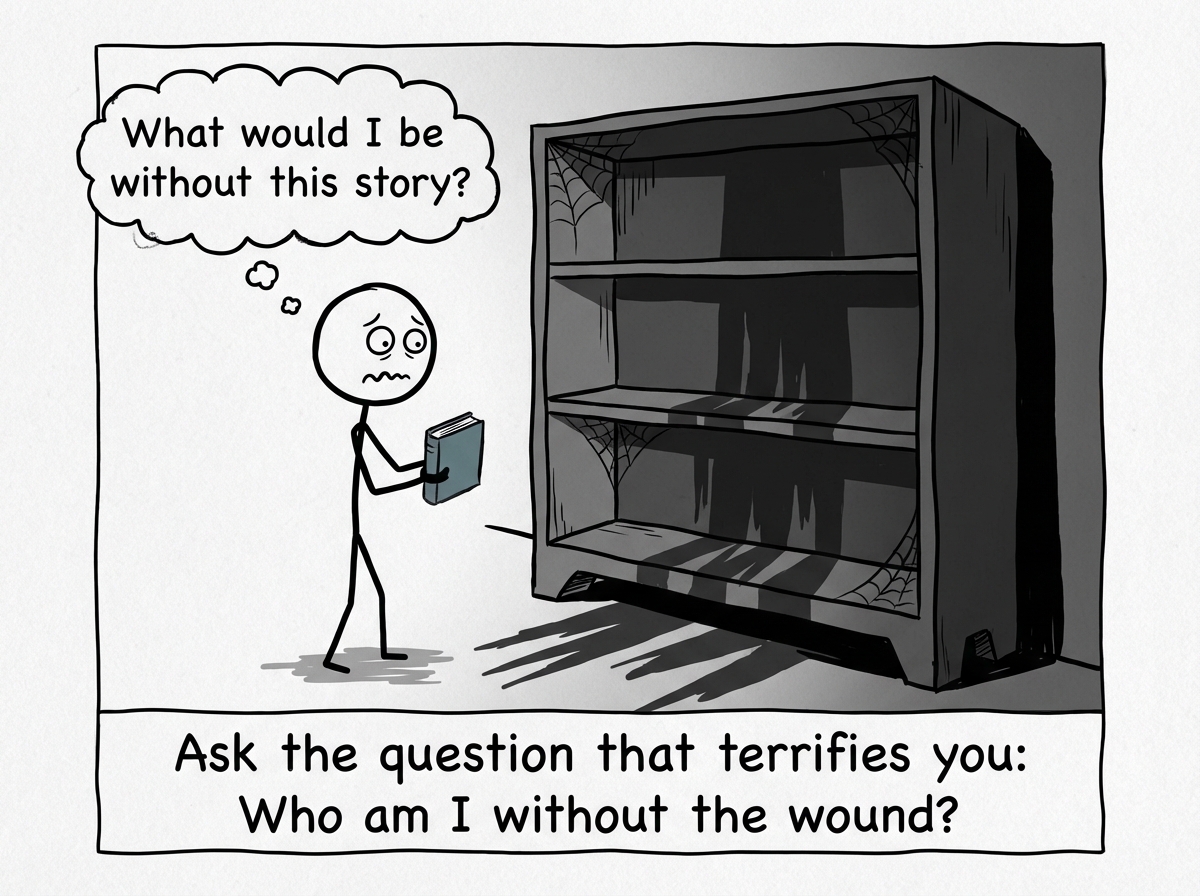 A stick figure asking 'What would I be without this story?' The question is scary. The empty shelf behind them is scarier