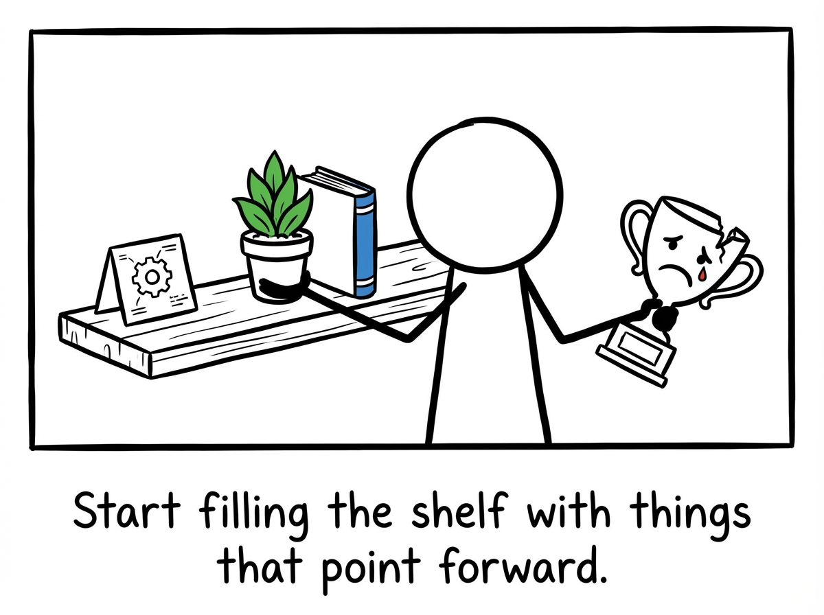 A stick figure replacing a suffering trophy with something new -- a small plant, a book, a project. The shelf starts to hold things that point forward instead of backward