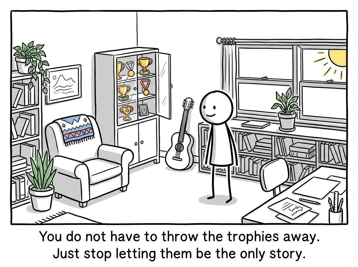 A stick figure with a smaller trophy case -- still there, still real, but no longer the center of the room. New things fill the space. The figure faces forward