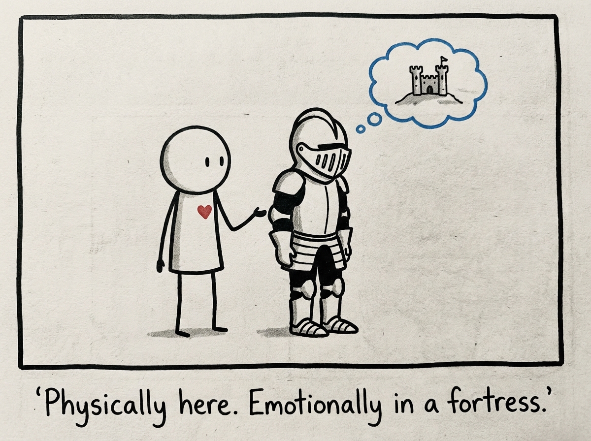A stick figure sitting close to another stick figure on a bed, the first figure wearing a full suit of shining armor complete with helmet, gauntlets, and chest plate, their posture stiff, while the second figure leans toward them with open arms and a warm expression