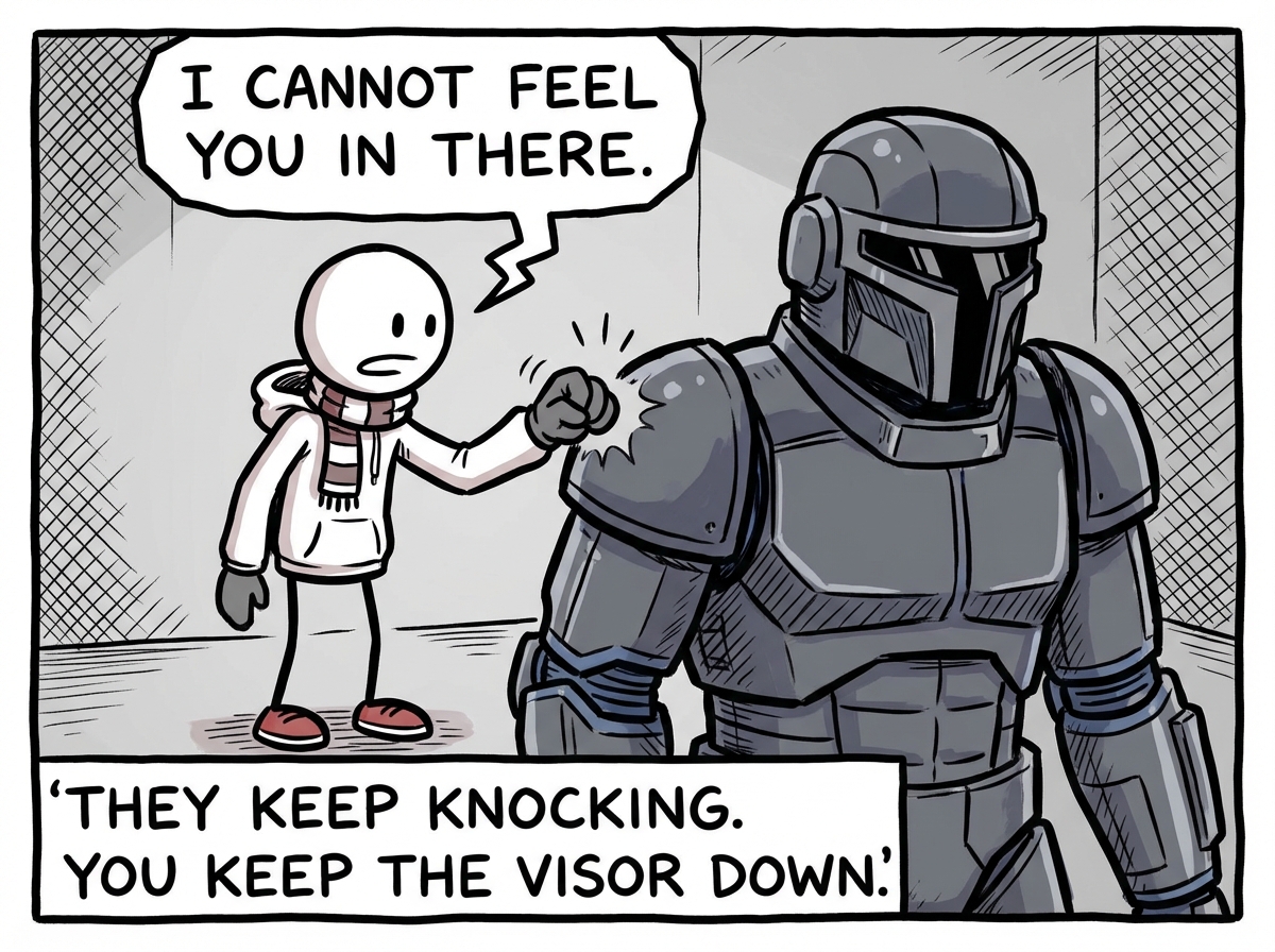 The second stick figure pressing their hand against the armored figure's chest plate, feeling only cold metal, their expression sad and searching, a speech bubble reading 'I can feel the armor but I cannot feel you in there,' the armored figure looking away through the visor