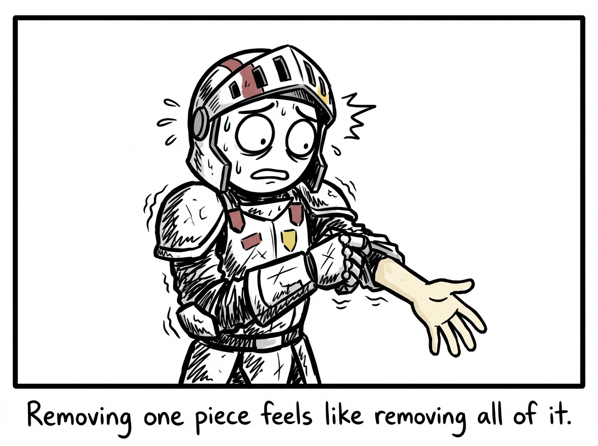 The armored stick figure reaching up with trembling hands to remove just the gauntlet from one hand, their bare hand exposed and shaking, their face through the visor showing terror, the removed gauntlet lying on the bed beside them