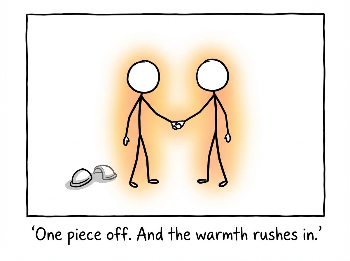 The stick figure with one bare hand now being gently held by the other figure's hand, warmth lines radiating from where their skin touches, the armored figure's visor lifted slightly showing wide surprised eyes, the remaining armor still on but the point of contact glowing with connection