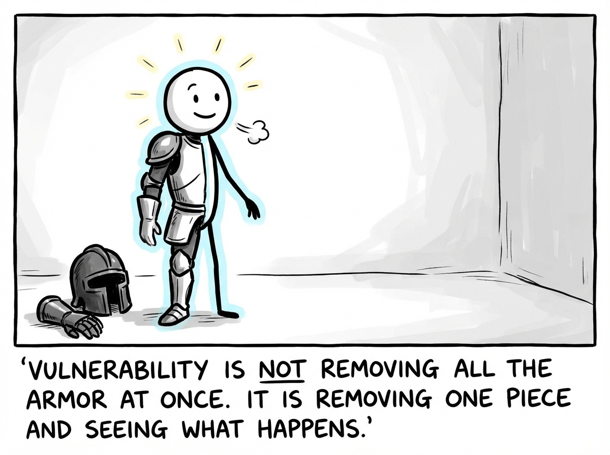 The stick figure with several pieces of armor removed and set beside the bed, still wearing some, sitting with the other figure who waits patiently, the removed pieces forming a small pile, the figure's posture softer but still guarded