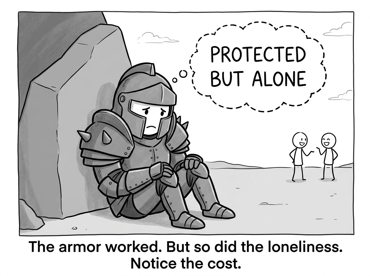 A stick figure in full emotional armor, noticing that they feel lonely even though they are safe, with a thought bubble: 'Protected but alone'