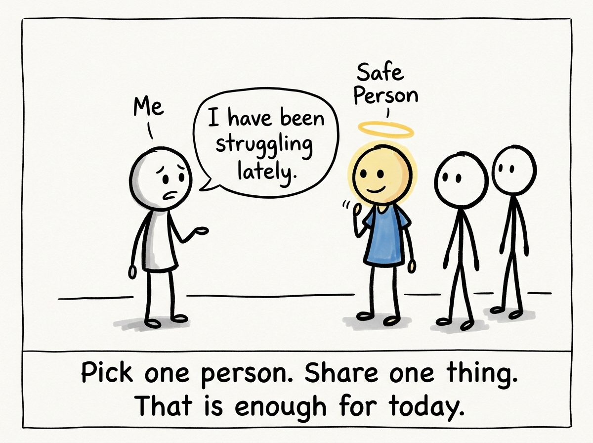 The figure identifying one safe person and choosing one small honest thing to share: 'I have been struggling lately'