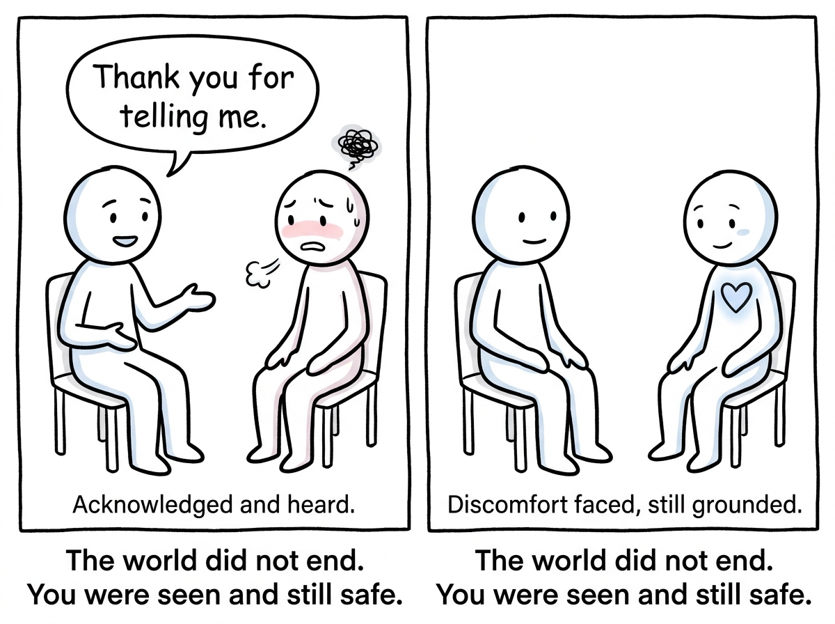 The safe person responding with 'Thank you for telling me' while the figure feels the discomfort of being seen -- and survives it