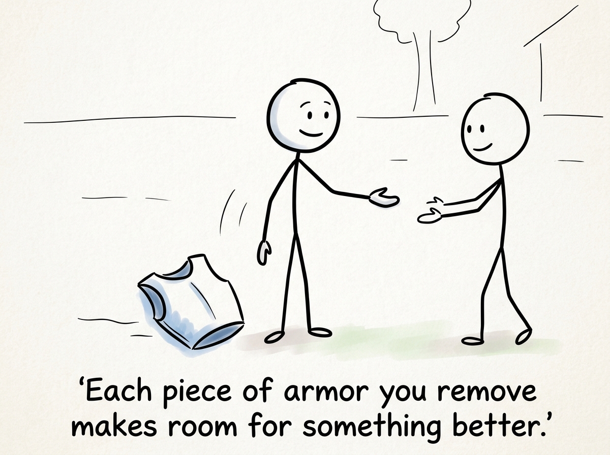 The figure with one piece of armor removed, standing a little lighter, with a hand extended toward connection