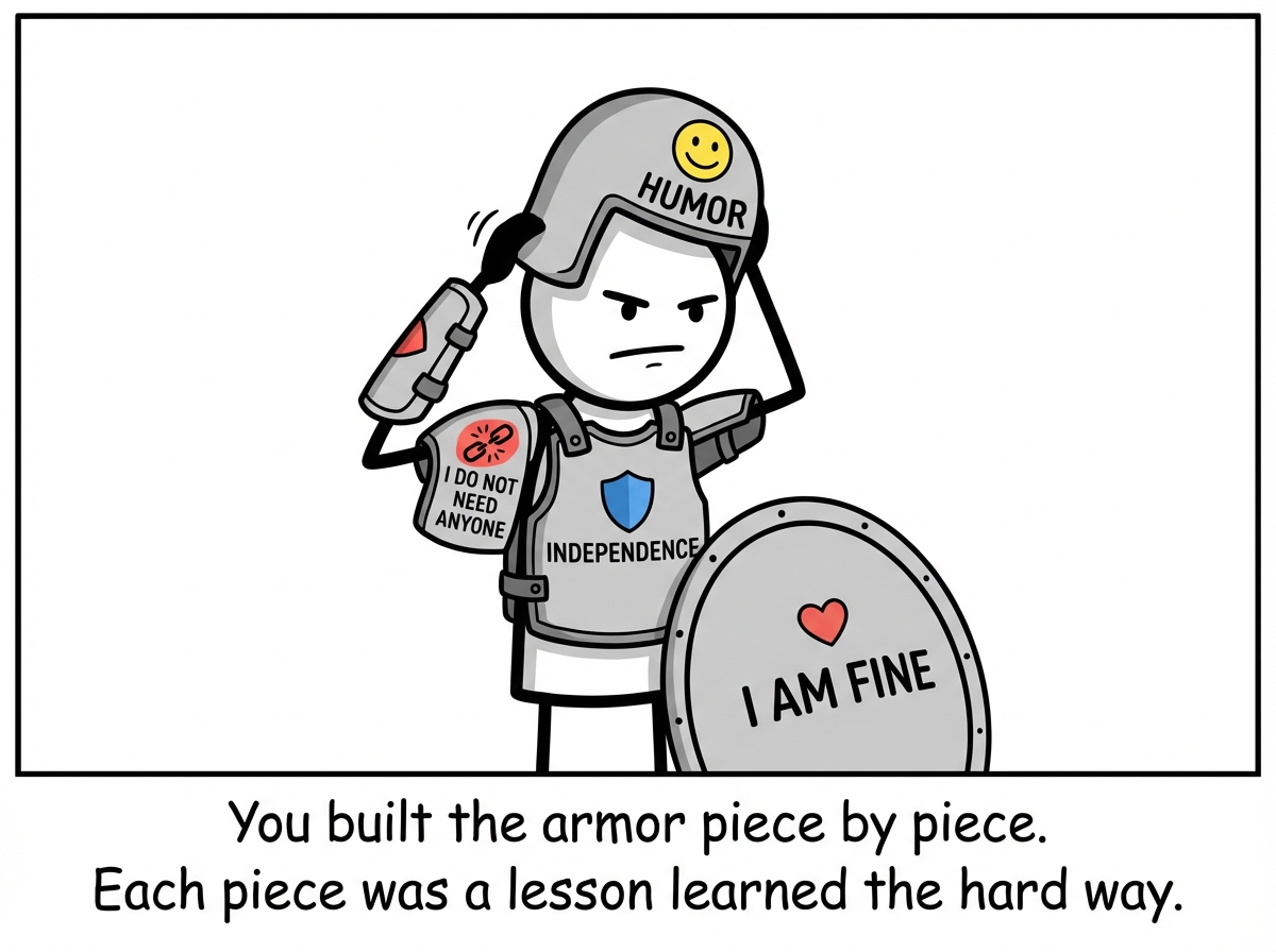 A stick figure carefully putting on pieces of emotional armor: a helmet labeled 'Humor,' a chest plate labeled 'Independence,' arm guards labeled 'I do not need anyone,' and a shield labeled 'I am fine.' They look protected and strong