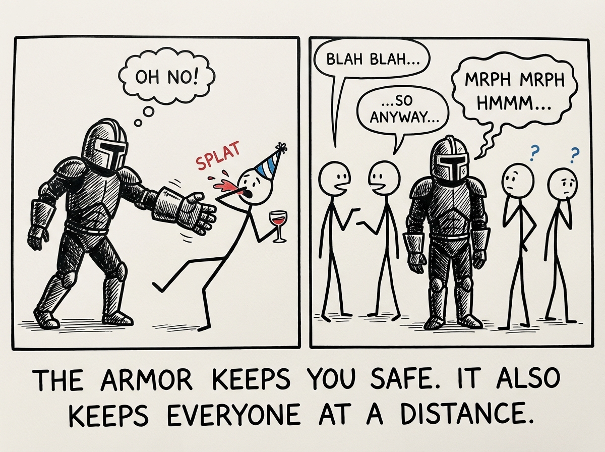 The armored stick figure at a party, trying to connect. They reach out to shake someone's hand but the armor is so bulky they knock the other person's drink over. They try to join a conversation but the helmet muffles their voice. People drift away
