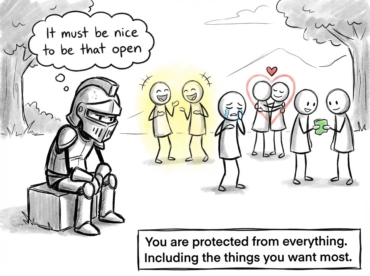 The armored figure sitting alone while unarmored figures around them laugh, cry, hug, and share openly. The armored figure watches through the visor, wanting to join but unable to take the helmet off. A thought bubble reads 'It must be nice to be that open'