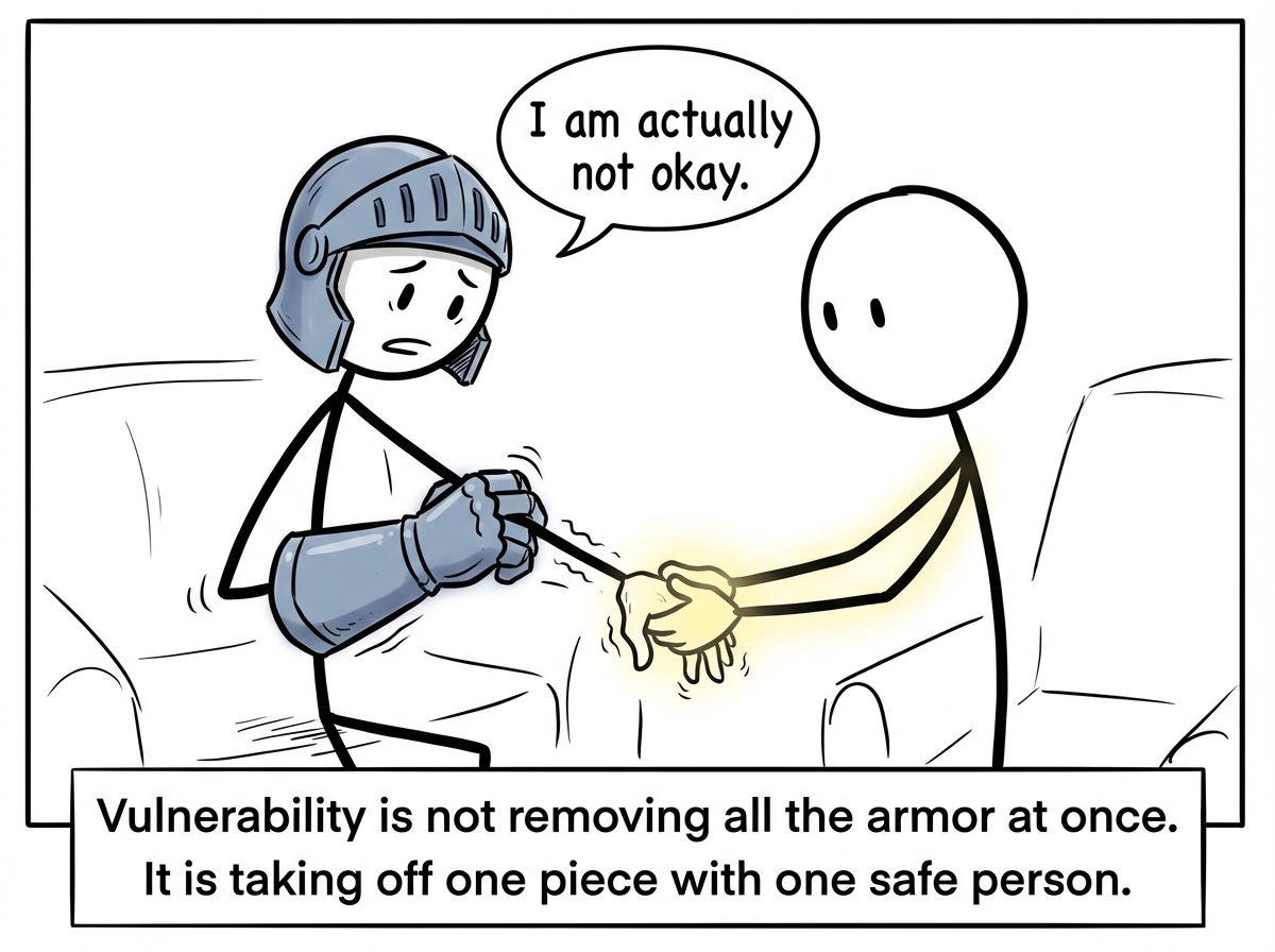 The stick figure slowly removing one gauntlet, revealing a bare, shaking hand. They reach out to one person and say 'I am actually not okay.' The other person takes their hand gently. The armor did not fall all at once -- just one piece, one person, one moment