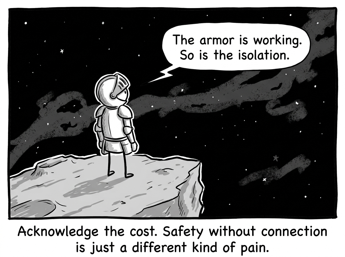 A stick figure in full armor, looking at the lonely space around them and thinking 'The armor is working. So is the isolation'