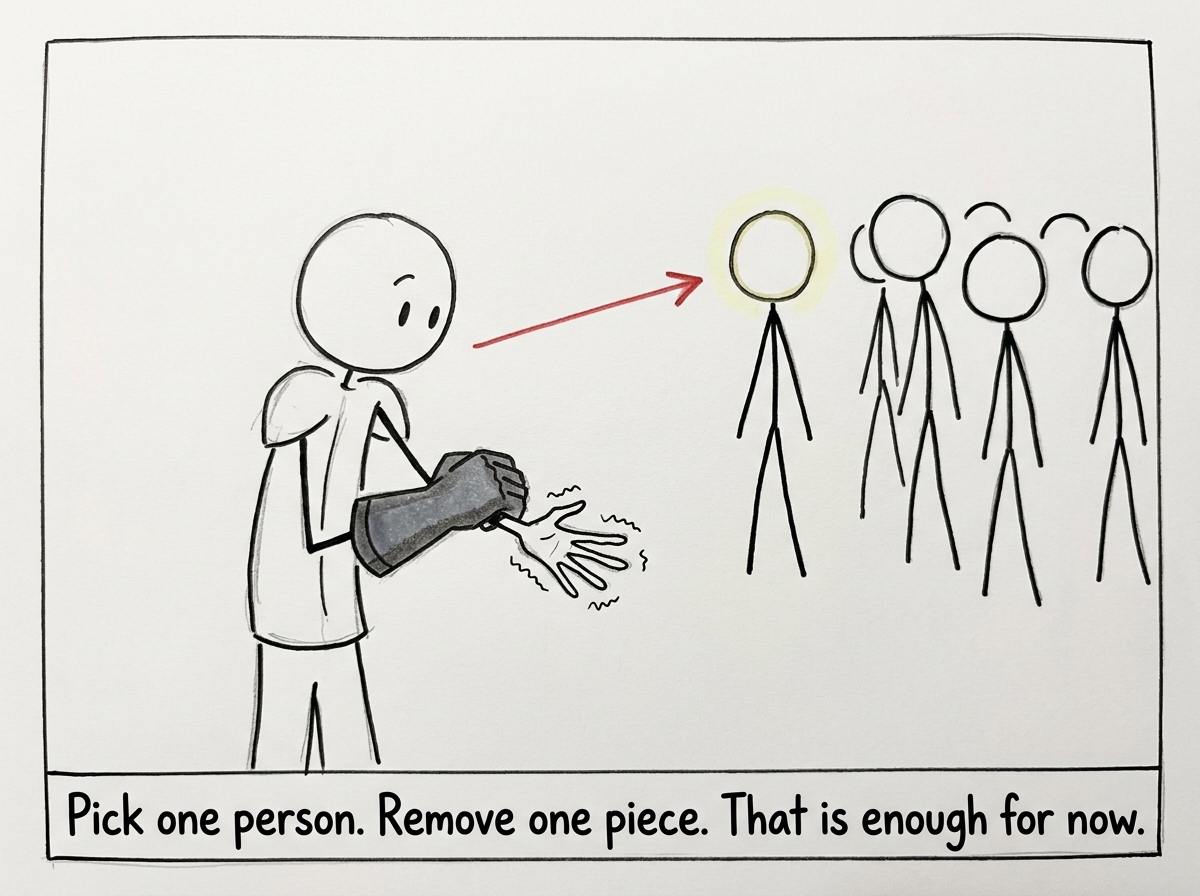 The figure identifying one safe person and slowly removing one gauntlet, revealing a bare trembling hand