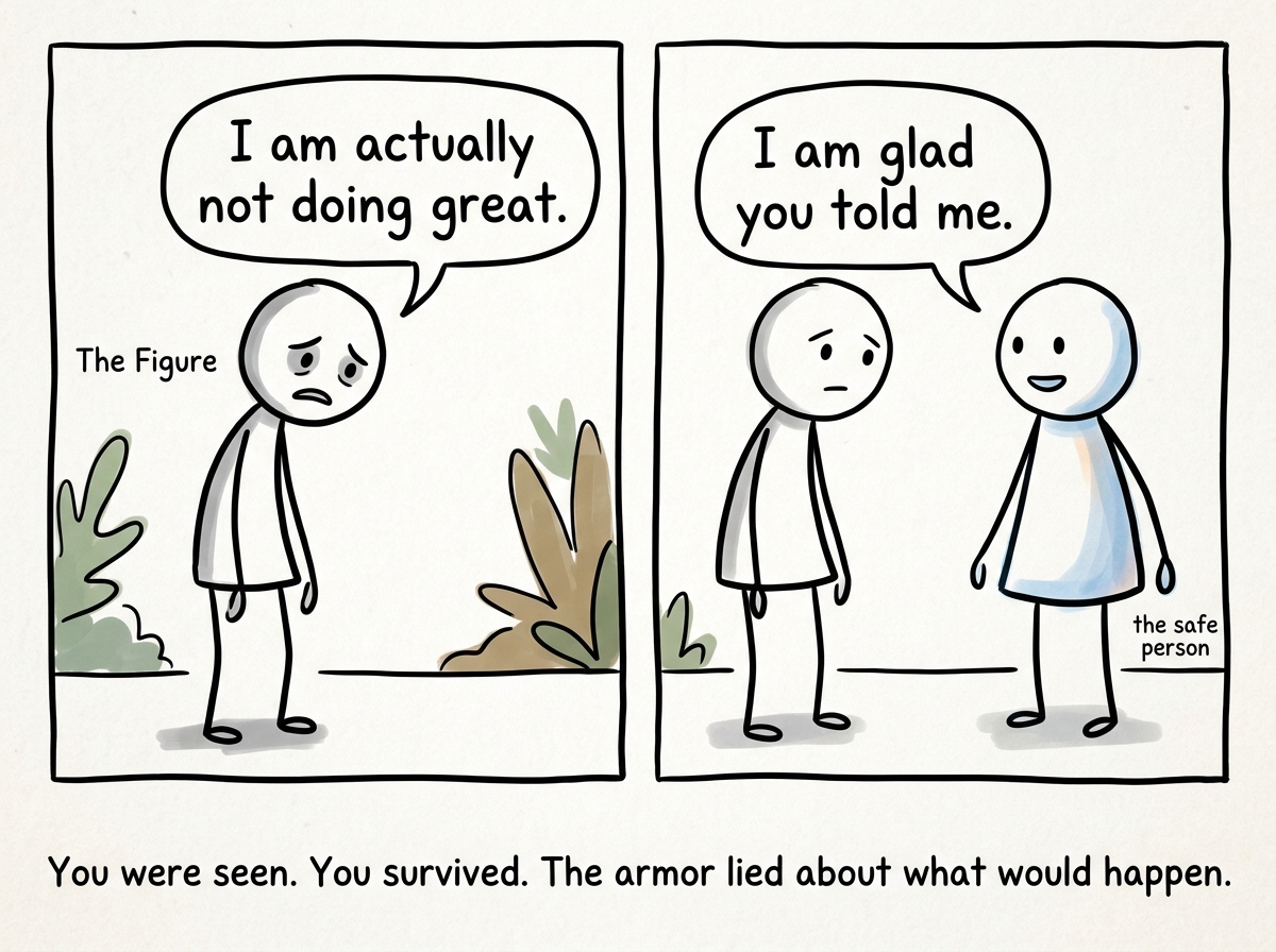 The figure saying 'I am actually not doing great' to the safe person, who responds with 'I am glad you told me'