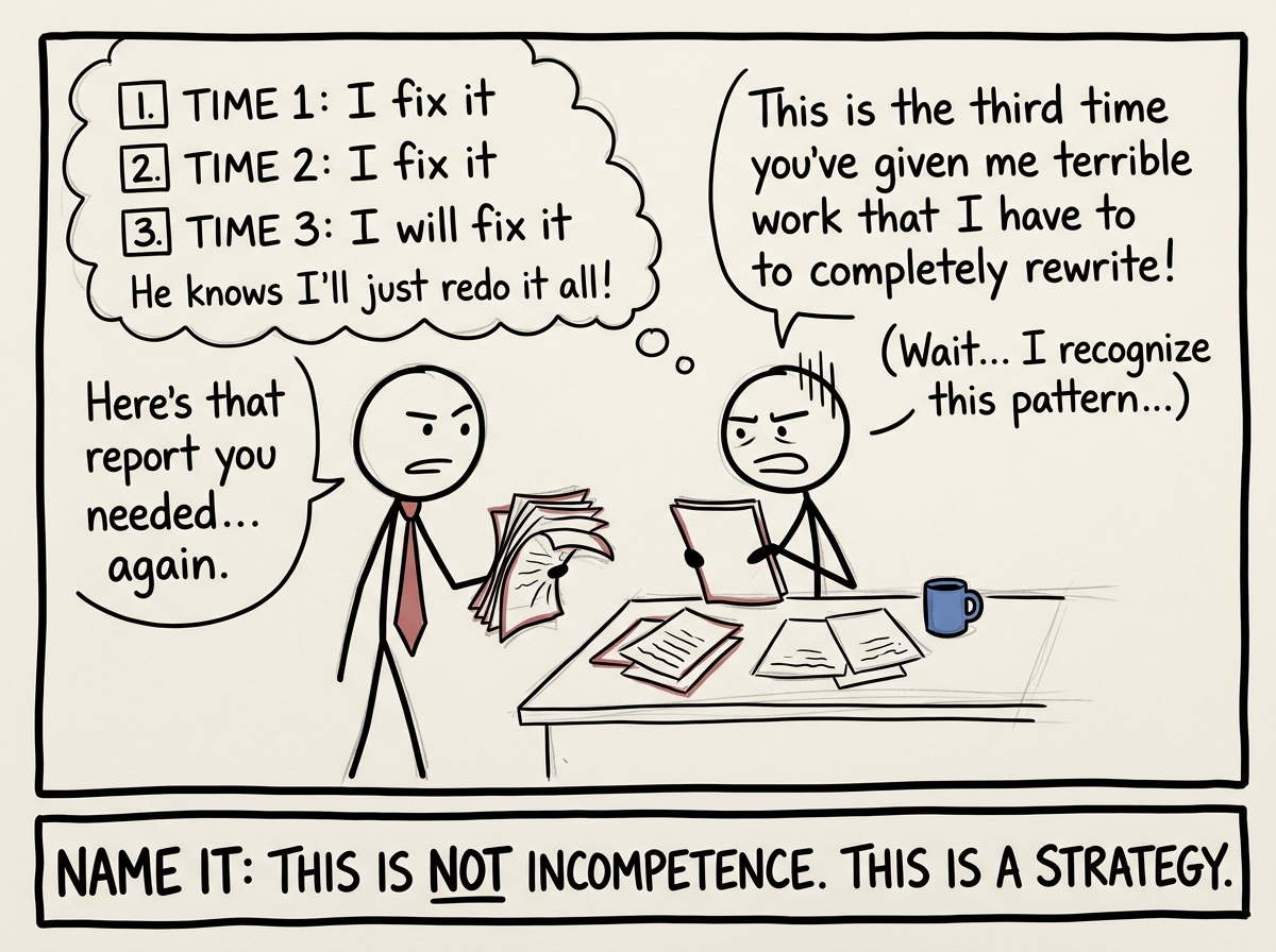 A stick figure receiving shoddy work from a colleague and recognizing the pattern -- this is the third time, and it always ends with them redoing it