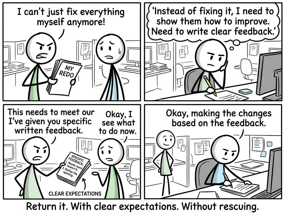 The stick figure handing the work back with specific, written feedback instead of redoing it themselves, saying 'This needs to meet our standard'
