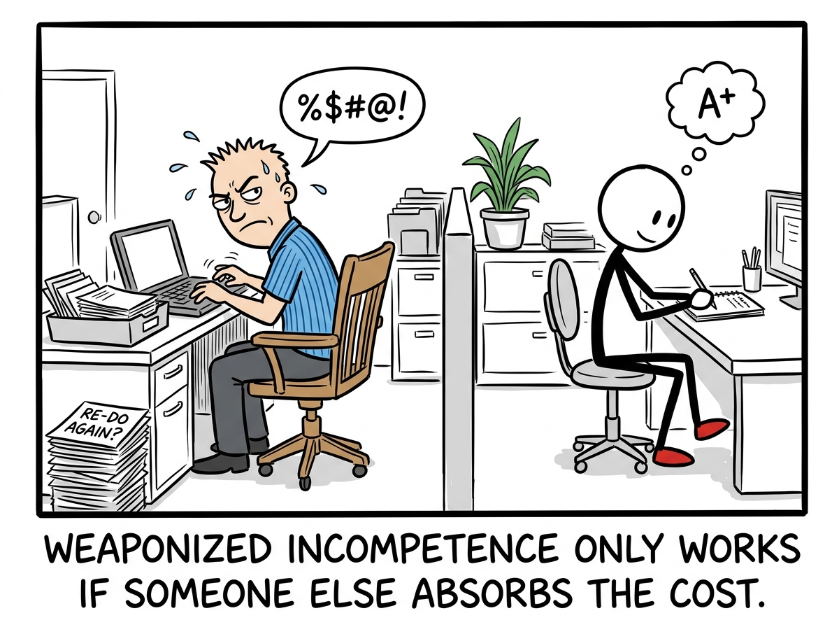 The colleague looking surprised that the work came back, sitting down to actually redo it properly while the stick figure works on their own tasks