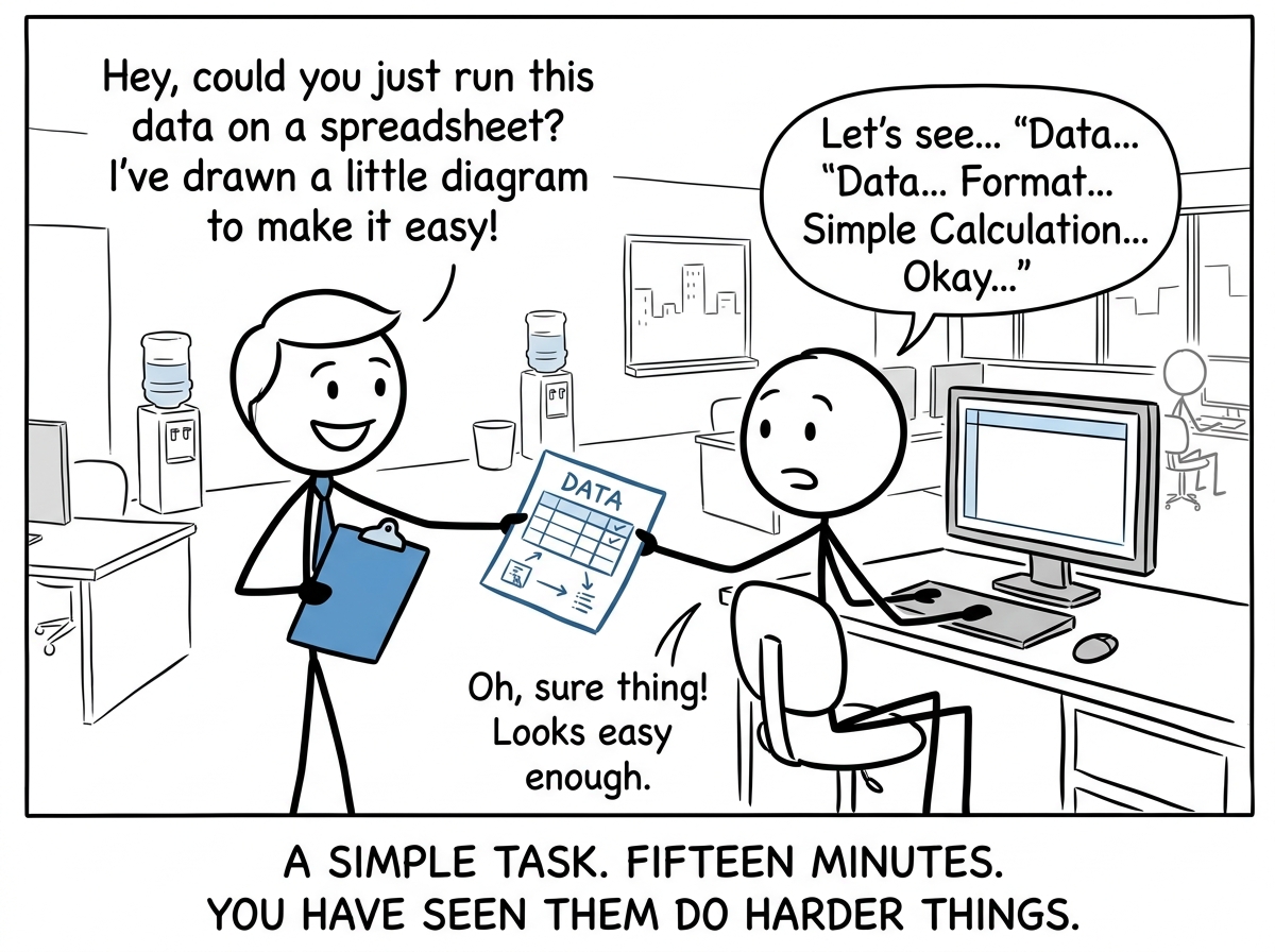 A stick figure handing a coworker a simple spreadsheet task, with clear instructions, smiling optimistically