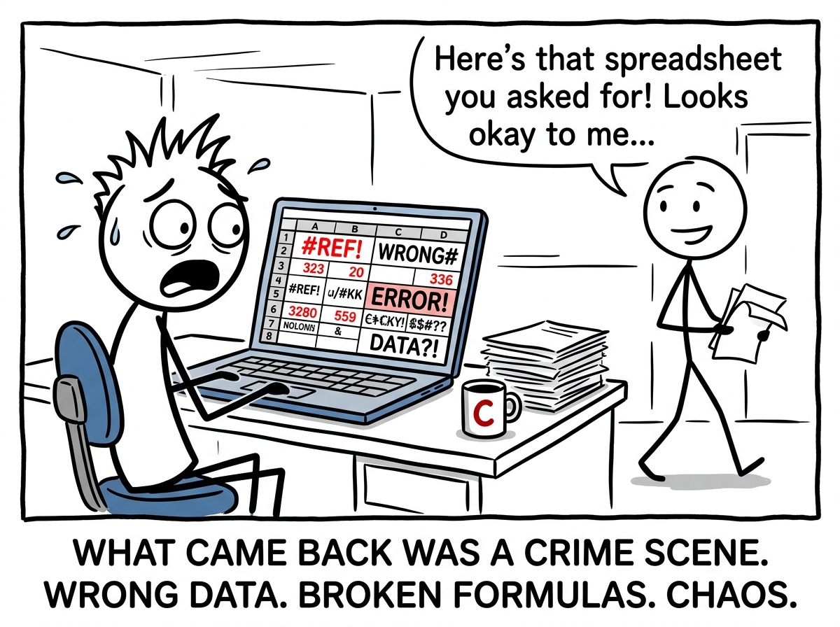 The coworker returning the spreadsheet completely mangled -- wrong numbers, broken formulas, data in wrong columns -- while the stick figure stares in horror