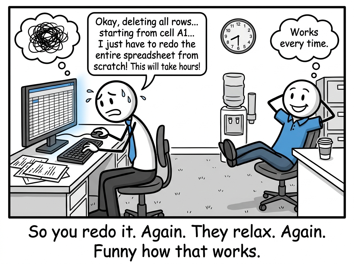 The stick figure spending their evening redoing the entire spreadsheet from scratch while the coworker relaxes with their feet up, thinking 'Works every time'