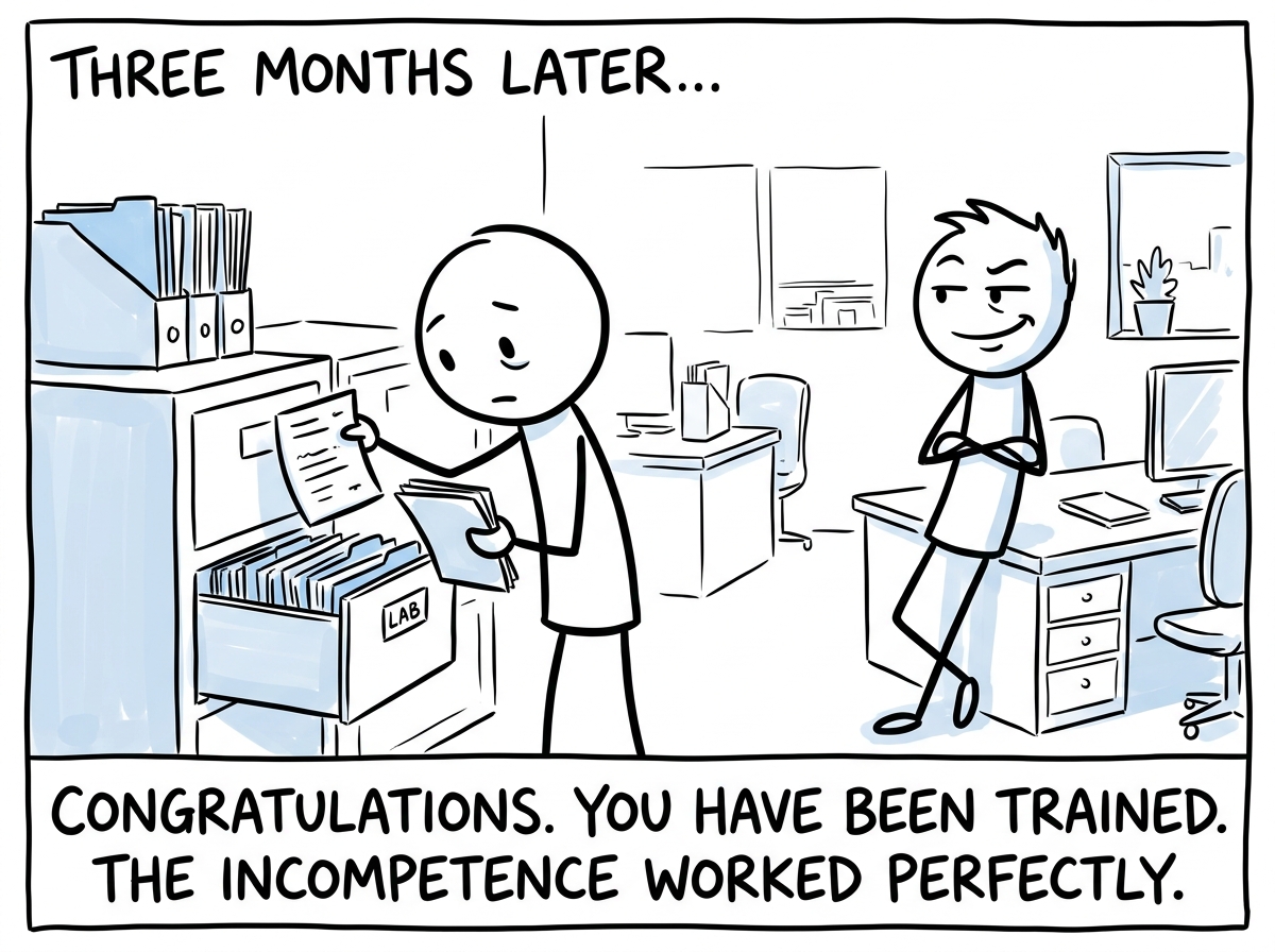 Three months later, the stick figure automatically doing the task themselves without even asking, while the coworker watches with a barely concealed smirk