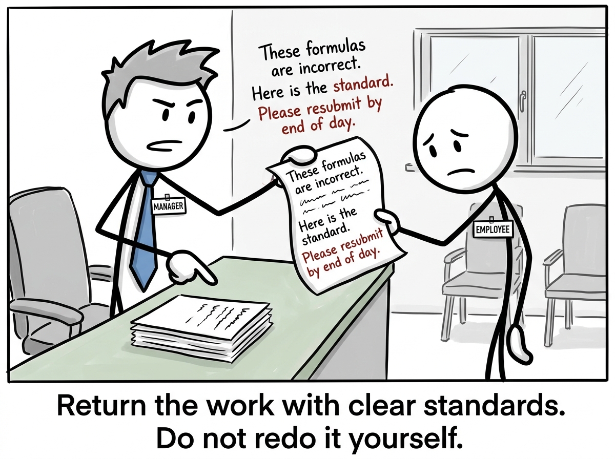 The stick figure handing the spreadsheet back with written notes: 'These formulas are incorrect. Here is the standard. Please resubmit by end of day.'