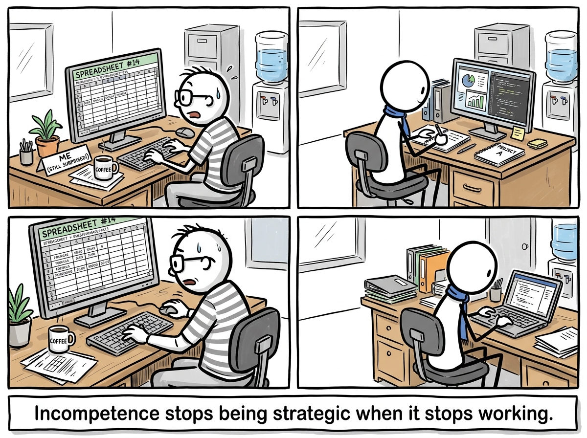 The coworker looking surprised, sitting down to actually fix the spreadsheet themselves while the stick figure works on their own tasks
