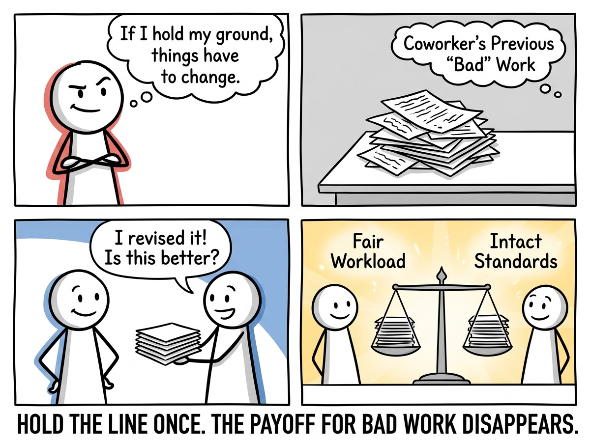The coworker submitting acceptable work the next time, the workload fairly distributed, the stick figure's standards intact