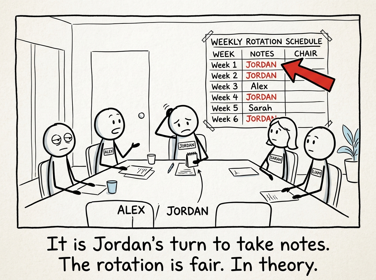 A team meeting with a rotating schedule on the wall, an arrow pointing to Jordan's name for note-taking duty this week