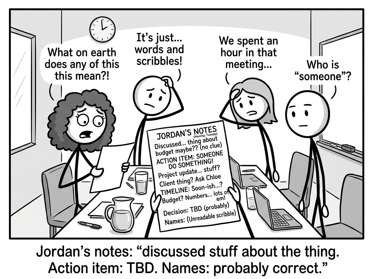 The team reading Jordan's meeting notes, which are a jumbled mess of fragments like 'thing about budget maybe?' and 'action item: someone do something' -- everyone looking baffled
